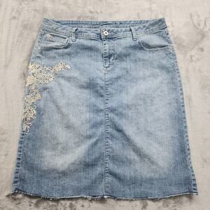 Vintage V.S.H. Jeans Skirt Womens 12 Blue Cream Embroidered Lace Pencil Raw Hem